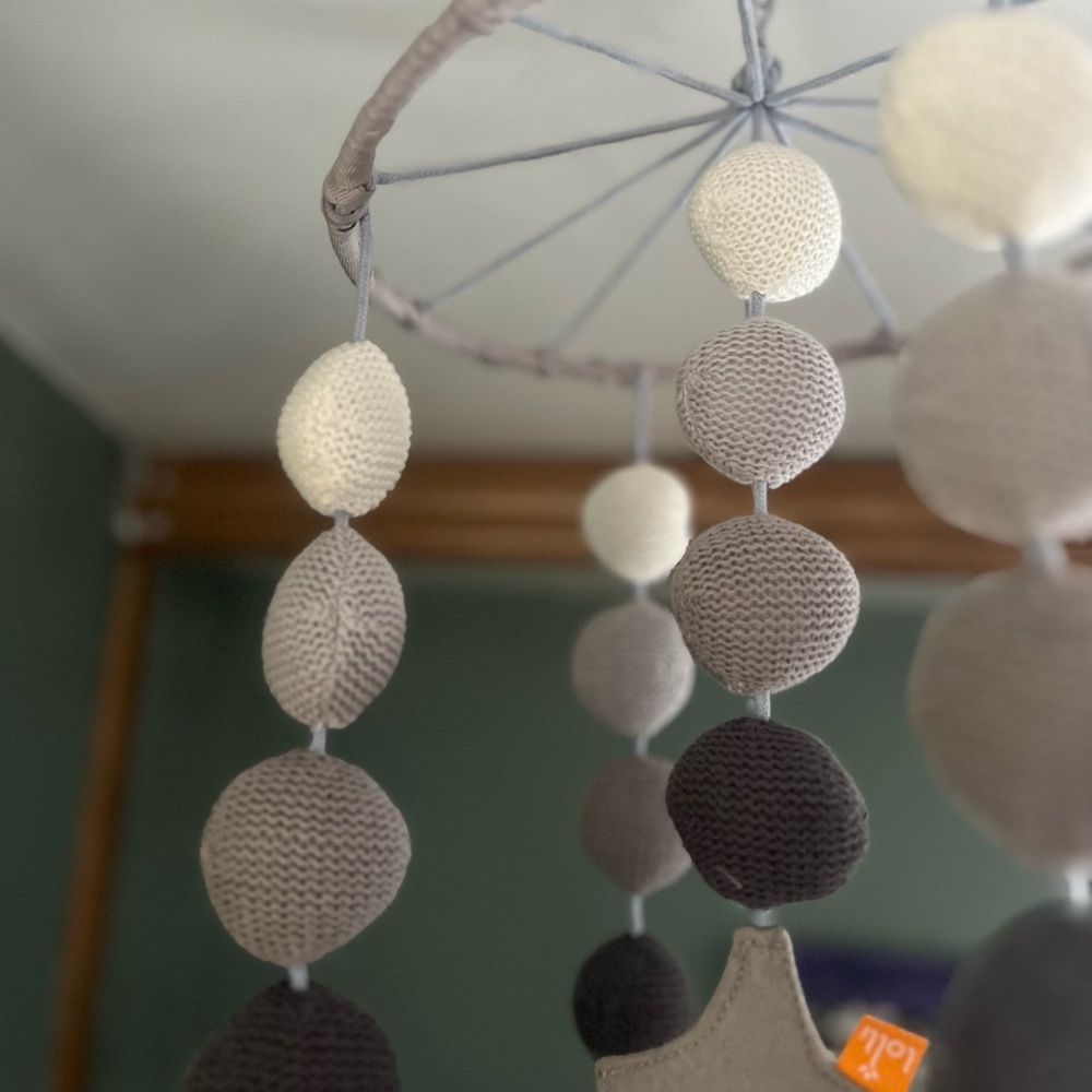 Lolli knit gray and cream balls and shapes plain minimal baby mobile